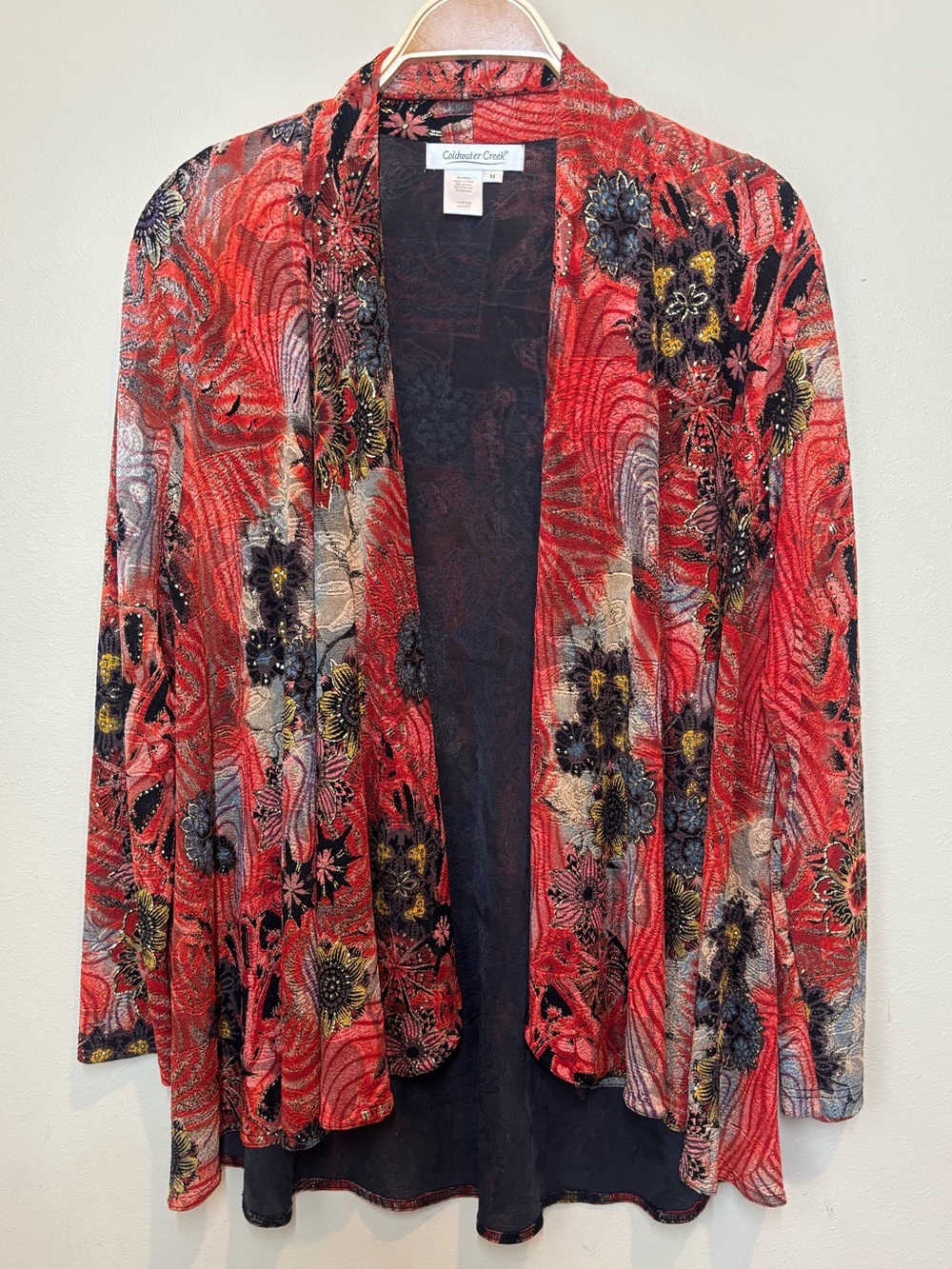 Coldwater Creek Red Floral Open-Front Women's Textured Cardigan Sweater, medium